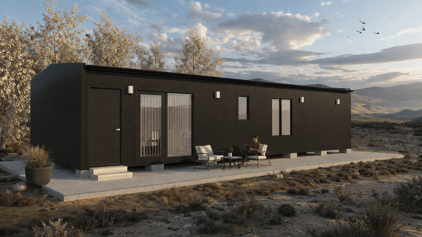 Módulo habitacional Patagonia Modular al atardecer en la estepa patagónica