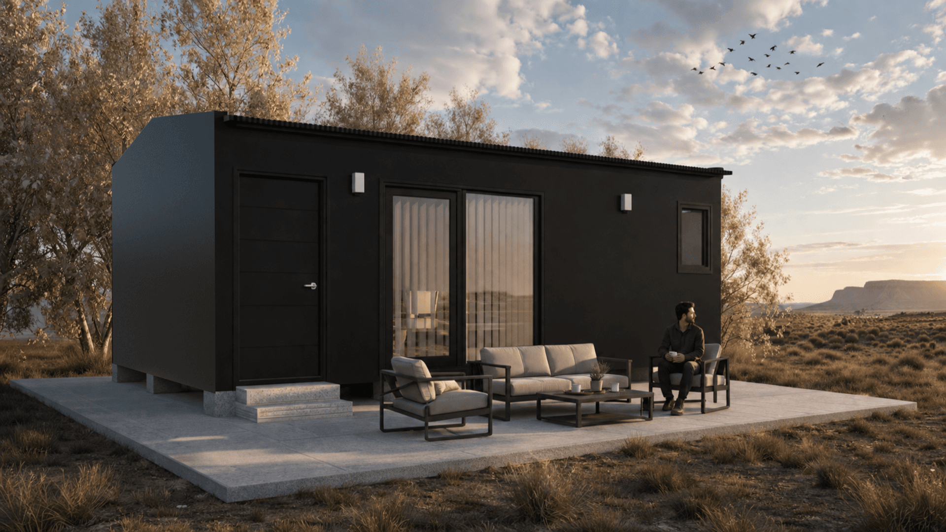 Módulo habitacional de Patagonia Modular al atardecer en la estepa patagónica