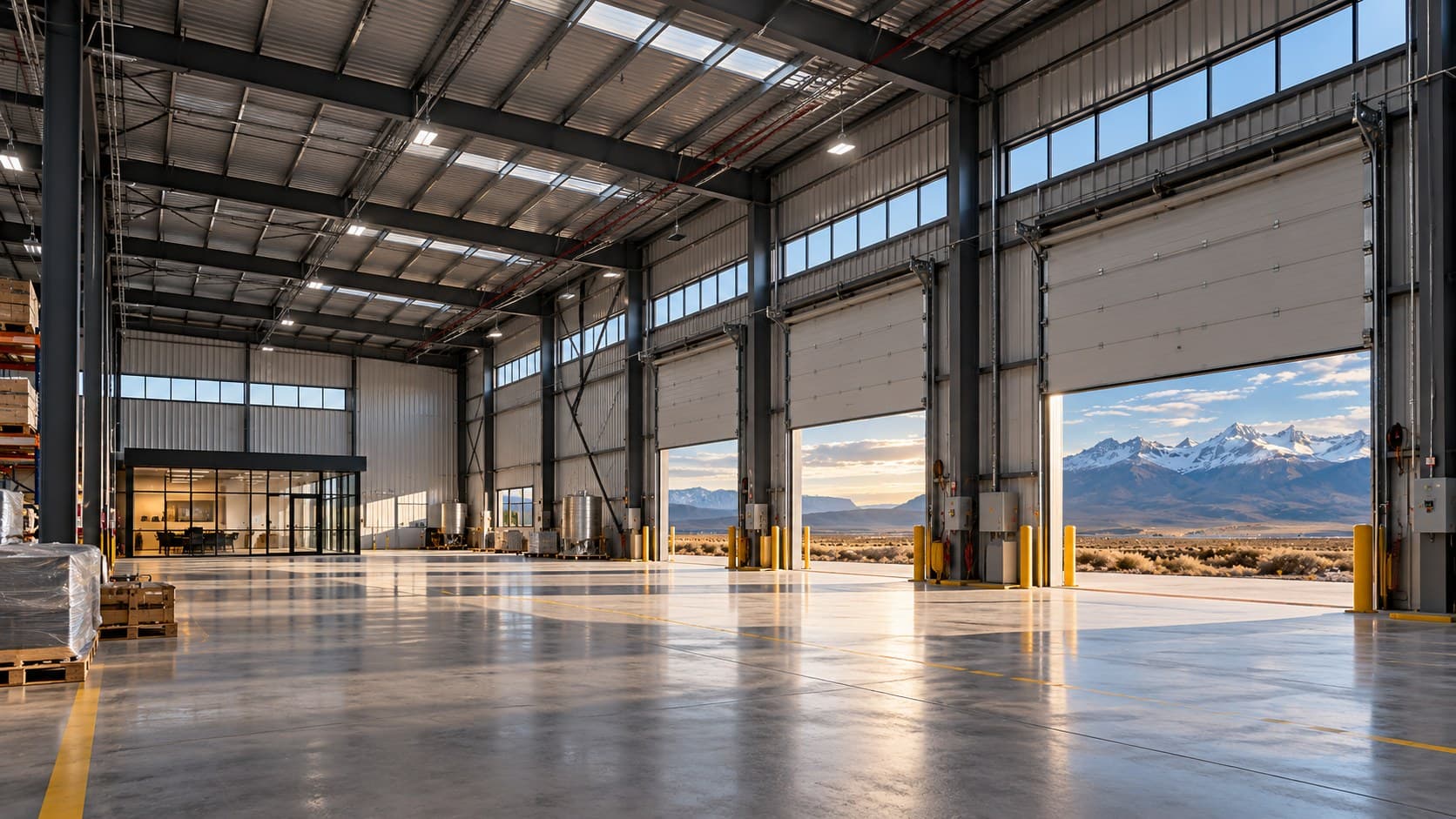 Interior de una nave industrial con portones abiertos hacia la cordillera